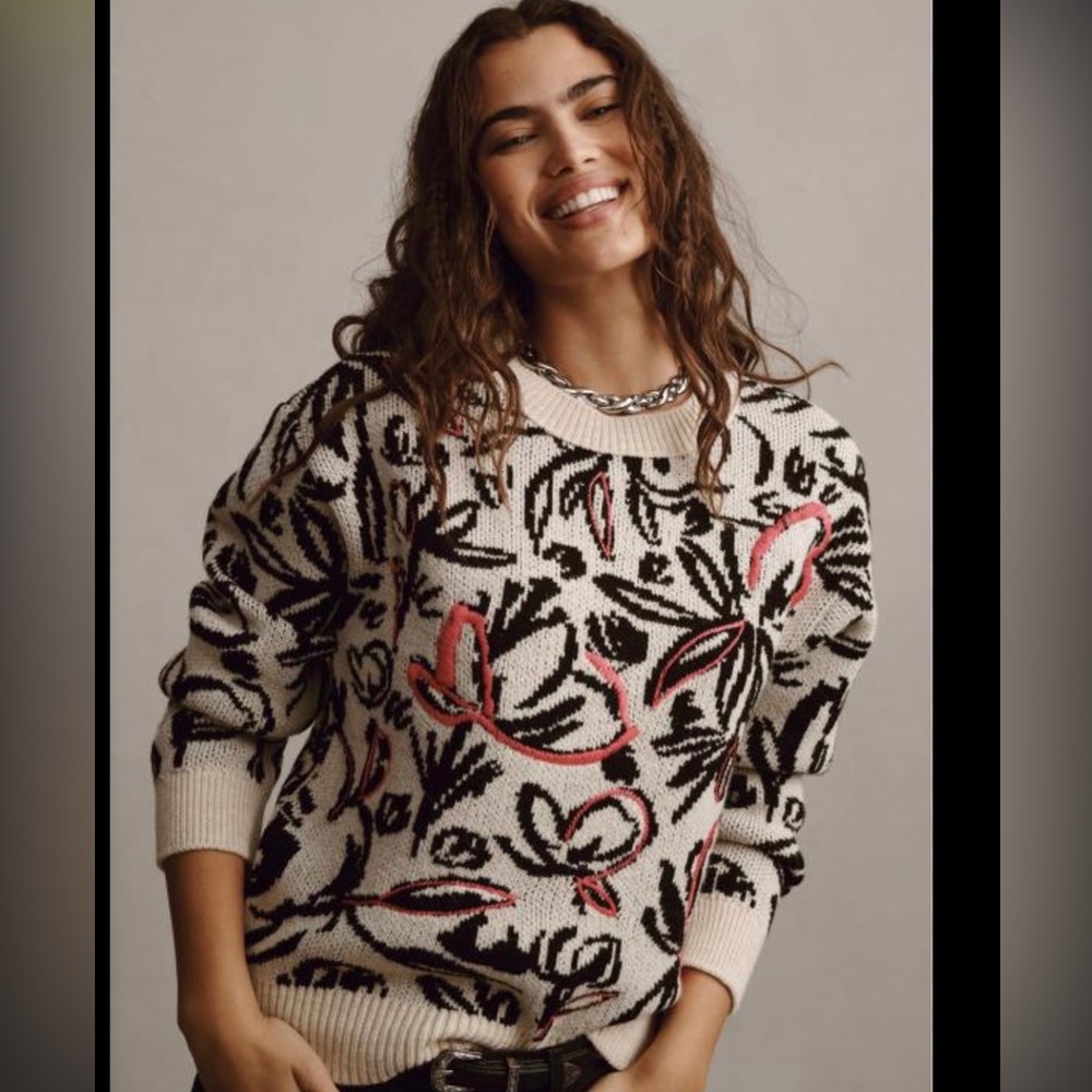 Sale!! Anthropologie Japan Floral Pop Embroidered knit Sweater sz XS,XXS